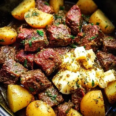 Tender Crockpot Garlic Butter Beef Bites with Potatoes