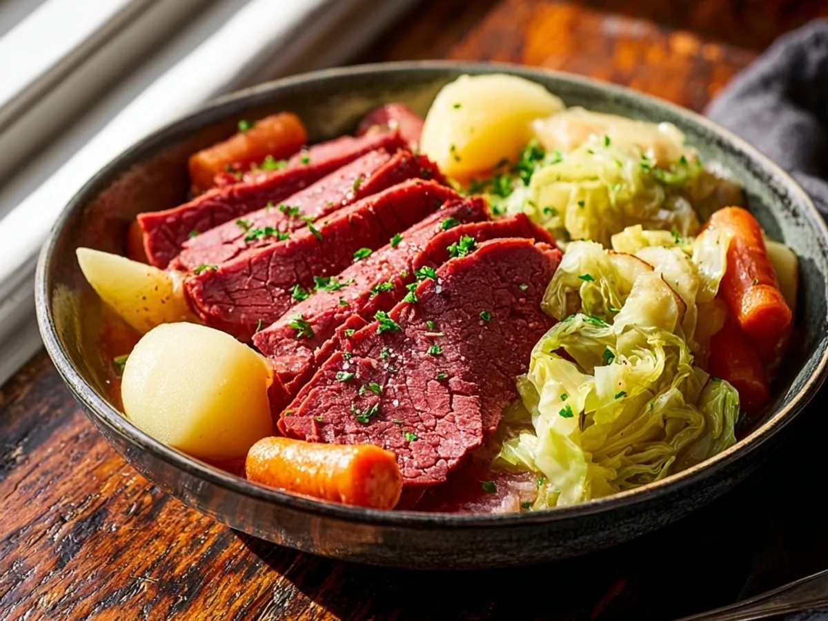 Tender Slow Cooker Corned Beef and Cabbage Recipe - Featured Image